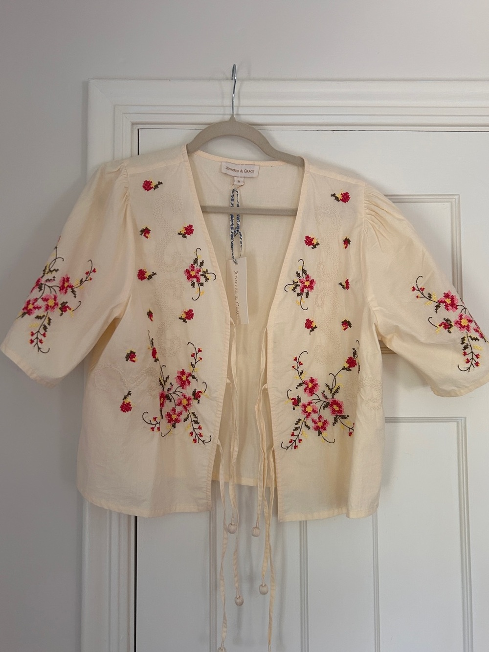 Cream Embroidered Floral Tie-Front Blouse